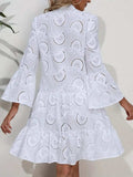 Ruffle Hem Eyelet Notched Long Sleeve Dress - Trendsi - Flyclothing LLC