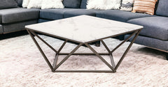 36" White Faux Marble And Steel Square Coffee Table