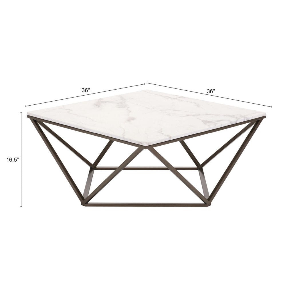 36" White Faux Marble And Steel Square Coffee Table - Homeroots