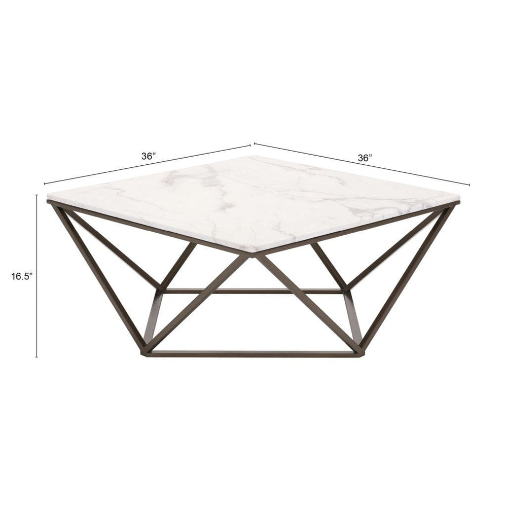 36" White Faux Marble And Steel Square Coffee Table - Homeroots