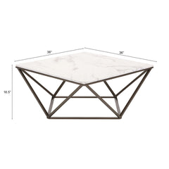 36" White Faux Marble And Steel Square Coffee Table - Homeroots