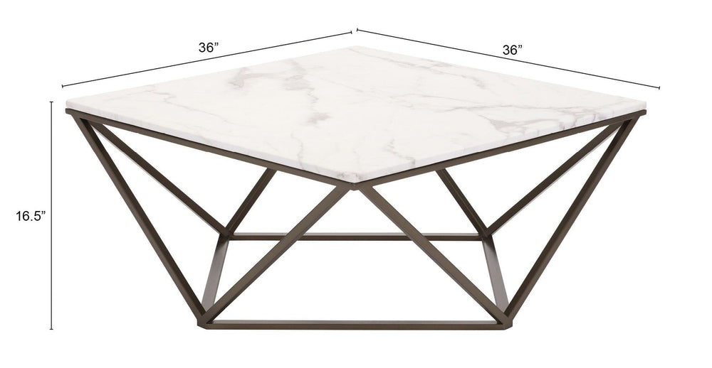 36" White Faux Marble And Steel Square Coffee Table - Homeroots