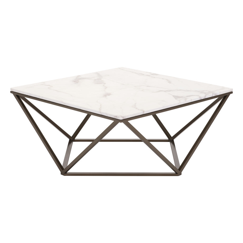 36" White Faux Marble And Steel Square Coffee Table