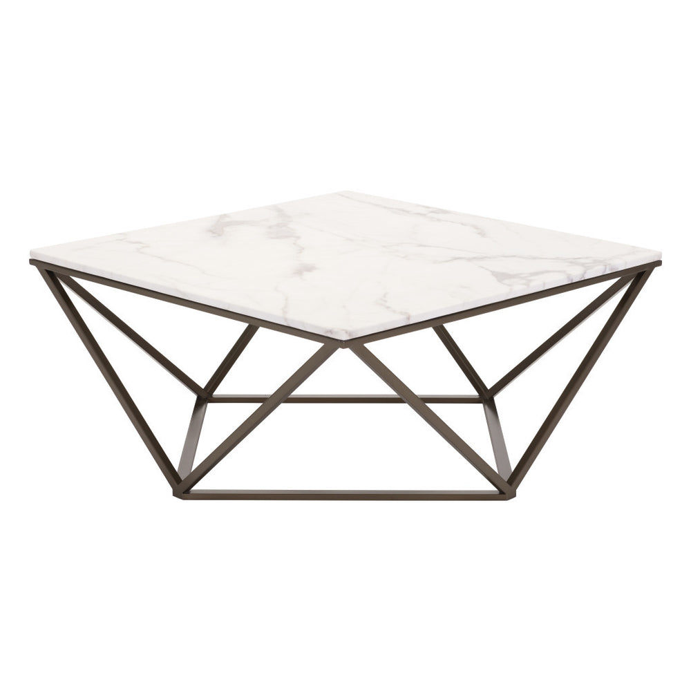 36" White Faux Marble And Steel Square Coffee Table