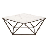 36" White Faux Marble And Steel Square Coffee Table