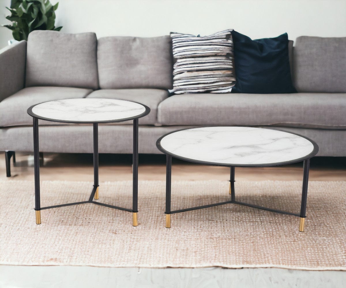 Set of Two 32" White And Black Glass Faux Marble And Steel Round Bunching Coffee Tables - Homeroots - Flyclothing LLC