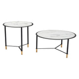 Set of Two 32" White And Black Glass Faux Marble And Steel Round Bunching Coffee Tables - Homeroots