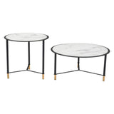 Set of Two 32" White And Black Glass Faux Marble And Steel Round Bunching Coffee Tables - Homeroots