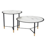 Set of Two 32" White And Black Glass Faux Marble And Steel Round Bunching Coffee Tables - Homeroots