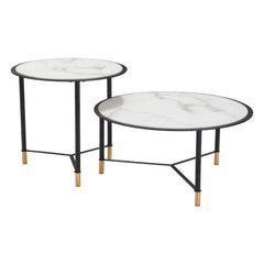 Set of Two 32" White And Black Glass Faux Marble And Steel Round Bunching Coffee Tables