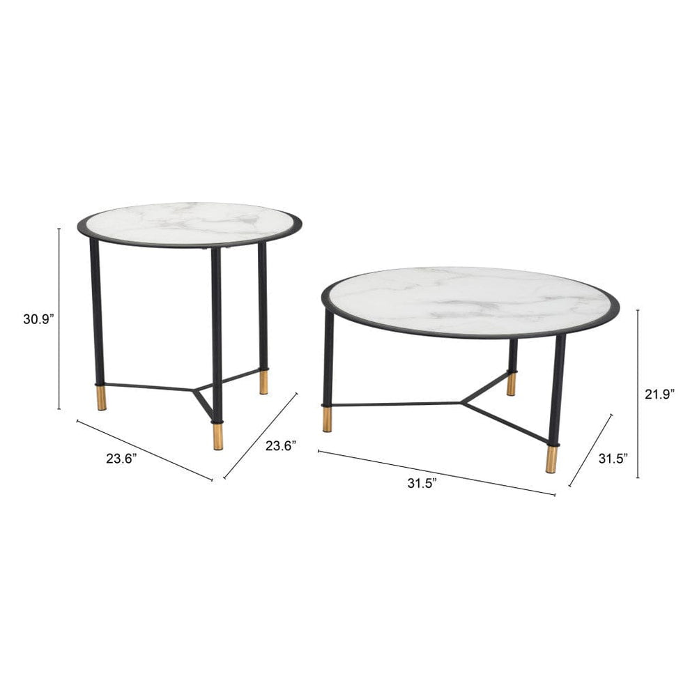 Set of Two 32" White And Black Glass Faux Marble And Steel Round Bunching Coffee Tables - Homeroots