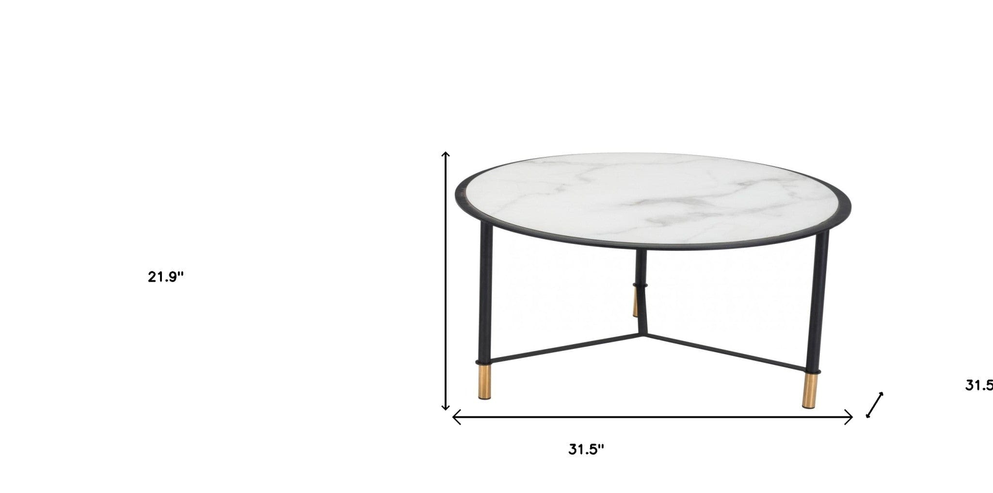 Set of Two 32" White And Black Glass Faux Marble And Steel Round Bunching Coffee Tables