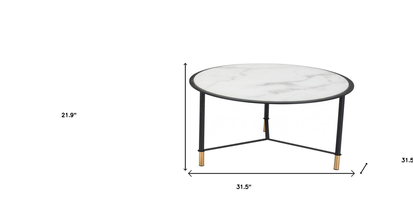 Set of Two 32" White And Black Glass Faux Marble And Steel Round Bunching Coffee Tables - Homeroots - Flyclothing LLC
