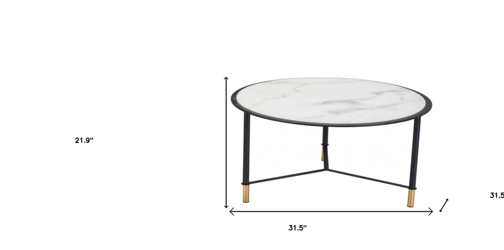 Set of Two 32" White And Black Glass Faux Marble And Steel Round Bunching Coffee Tables - Homeroots
