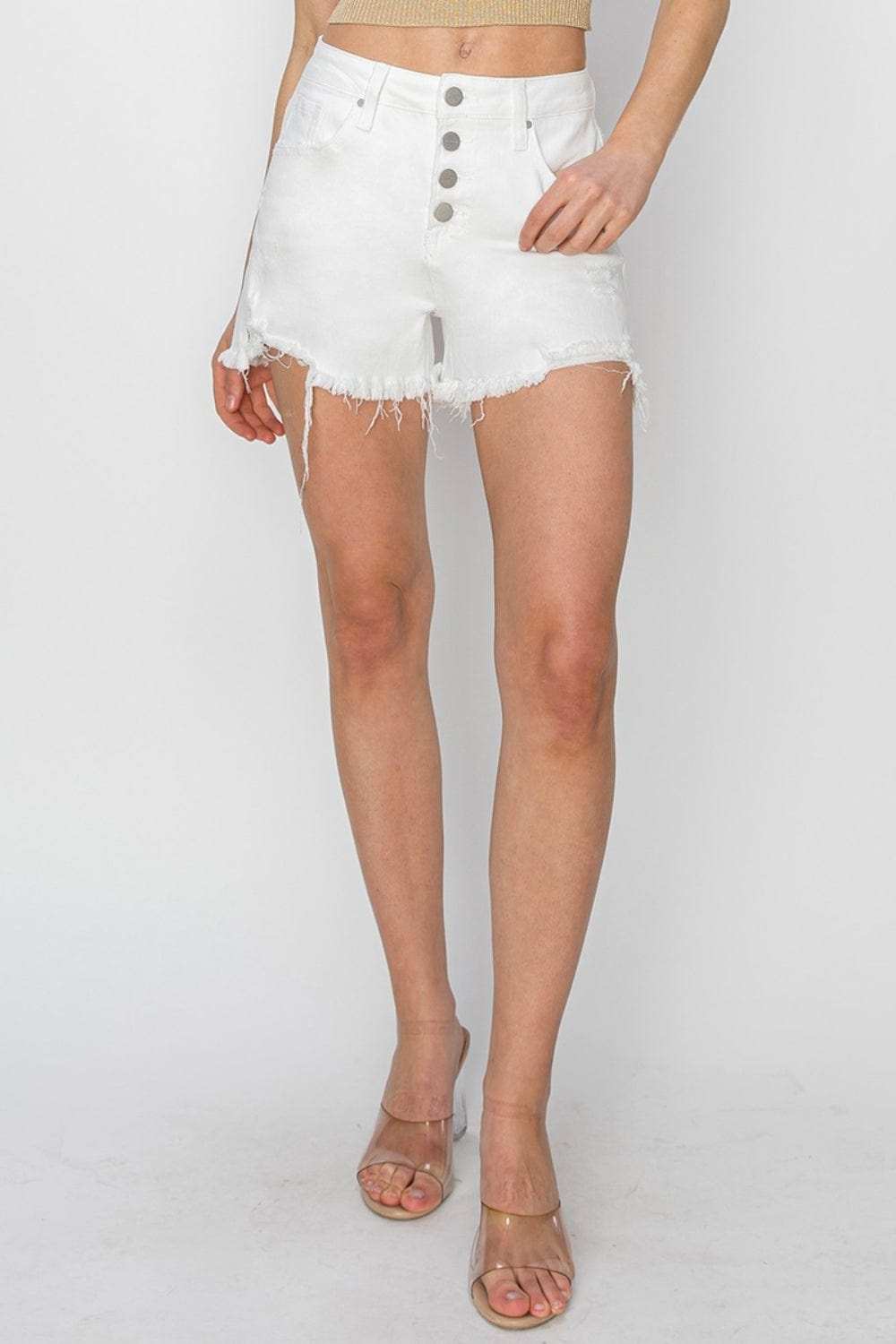 RISEN Button Fly Frayed Hem Denim Shorts - Trendsi - Flyclothing LLC