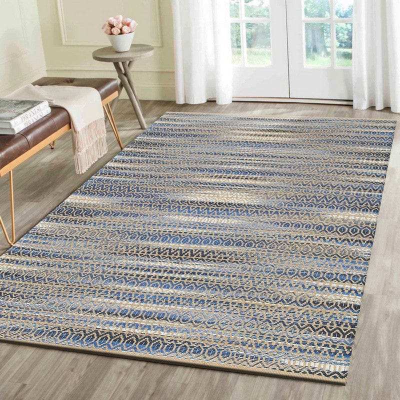 9' X 12' Round Navy and Tan Striated Area Rug - Homeroots - Flyclothing LLC