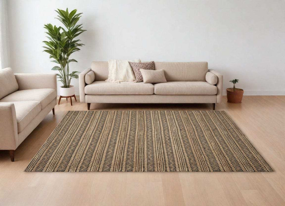 9' X 13' Tan and Black Intricate Striped Area Rug - Homeroots - Flyclothing LLC