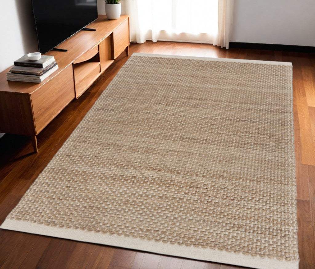 5' X 8' Tan and White Detailed Woven Area Rug - Homeroots - Flyclothing LLC