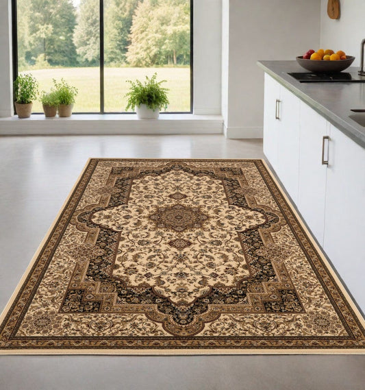 5' X 8' Black and Ivory Oriental Power Loom Area Rug - Homeroots