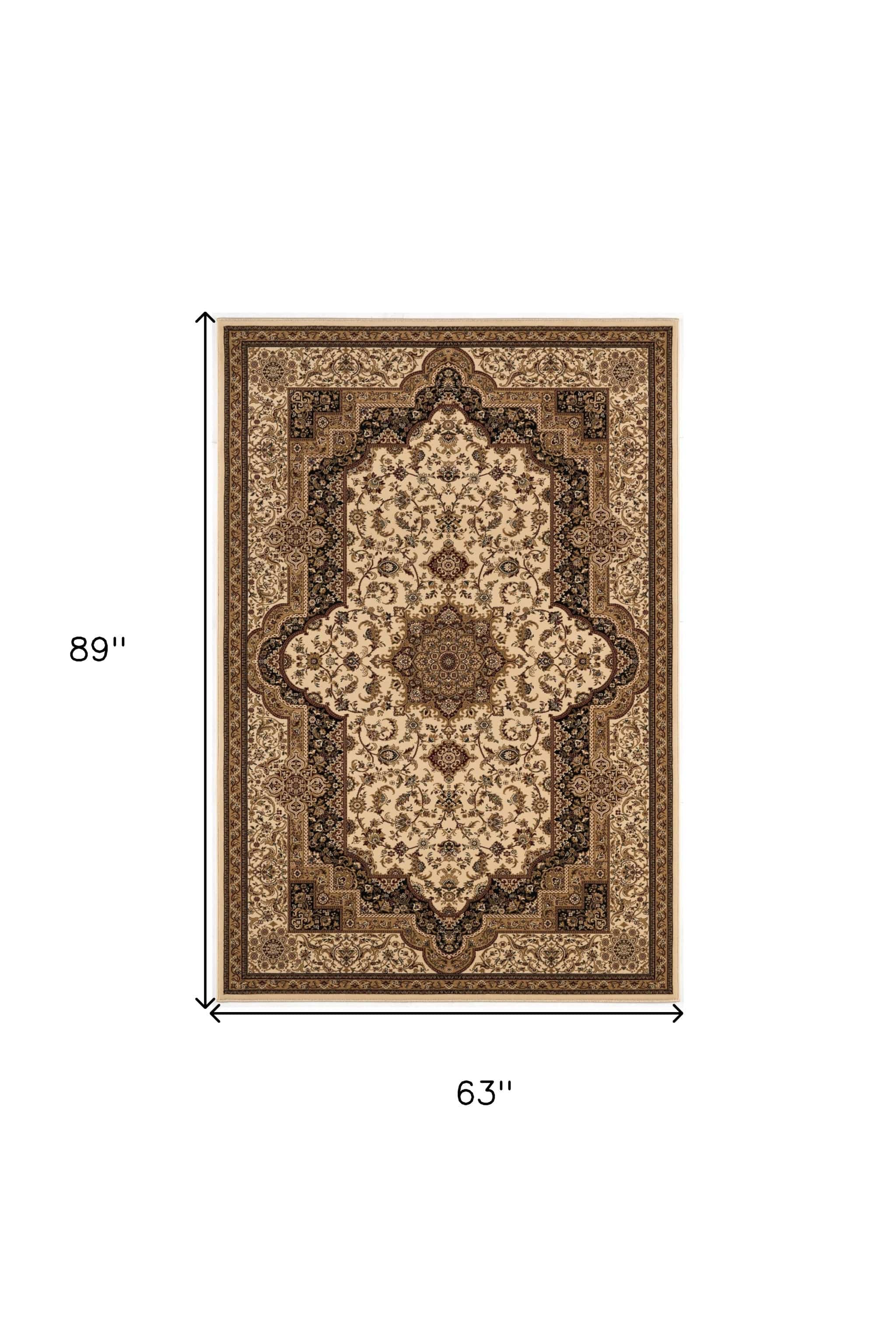 5' X 8' Black and Ivory Oriental Power Loom Area Rug - Homeroots