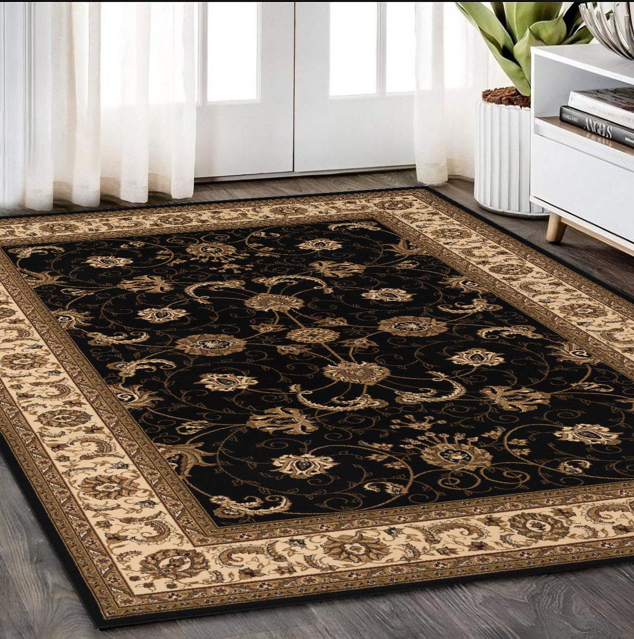5' X 8' Black and Ivory Oriental Power Loom Area Rug - Homeroots - Flyclothing LLC