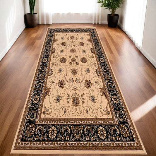 13' Runner Black and Ivory Oriental Power Loom Runner Rug - Homeroots