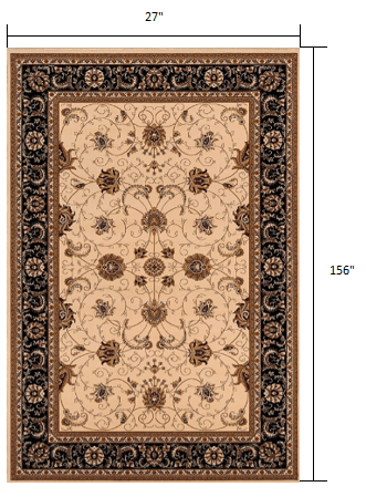 13' Runner Black and Ivory Oriental Power Loom Runner Rug - Homeroots