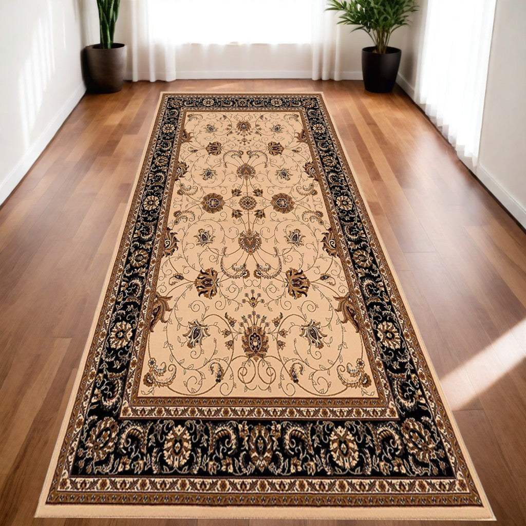 13' Runner Black and Ivory Oriental Power Loom Runner Rug - Homeroots - Flyclothing LLC