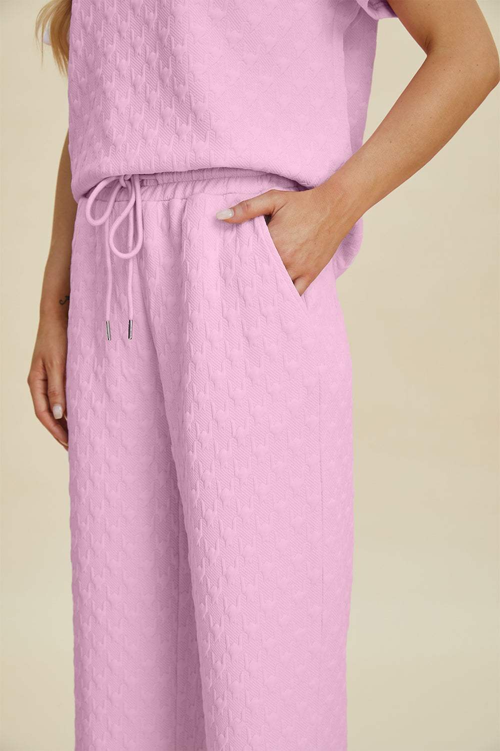 Double Take Full Size Texture Round Neck Short Sleeve Top and Pants Set - Trendsi - Flyclothing LLC