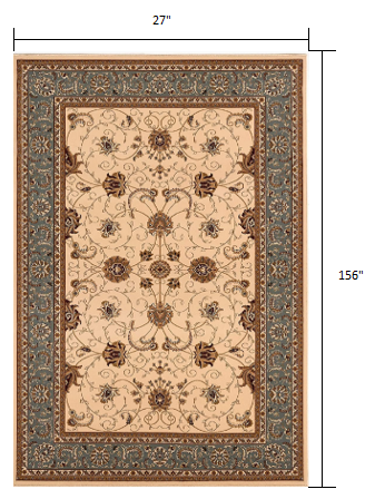 13' Runner Blue and Ivory Oriental Power Loom Runner Rug