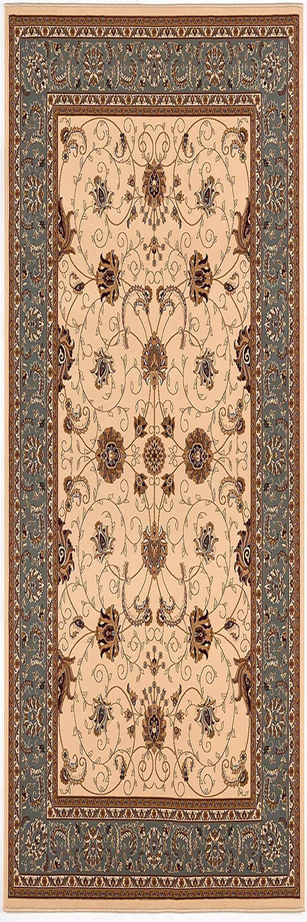 8' Runner Blue and Ivory Oriental Power Loom Runner Rug