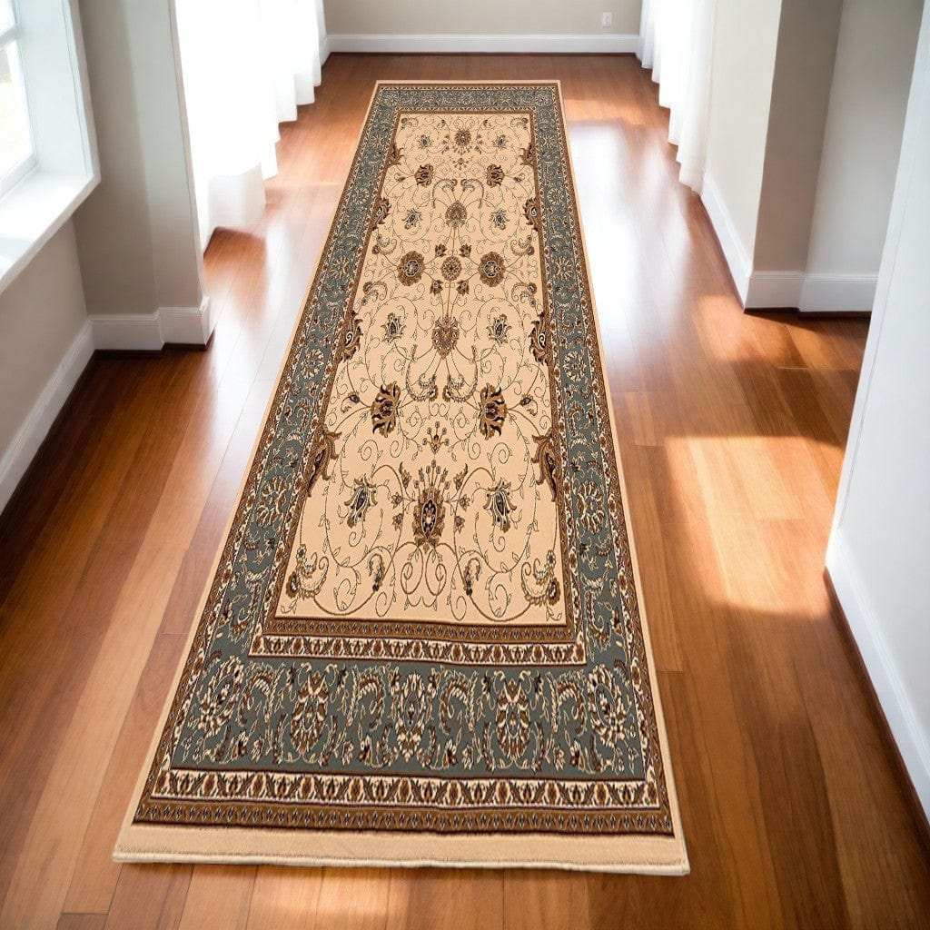10' Runner Blue and Ivory Oriental Power Loom Runner Rug - Homeroots - Flyclothing LLC