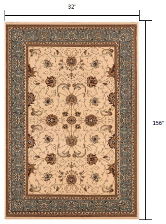 13' Runner Blue and Ivory Oriental Power Loom Runner Rug