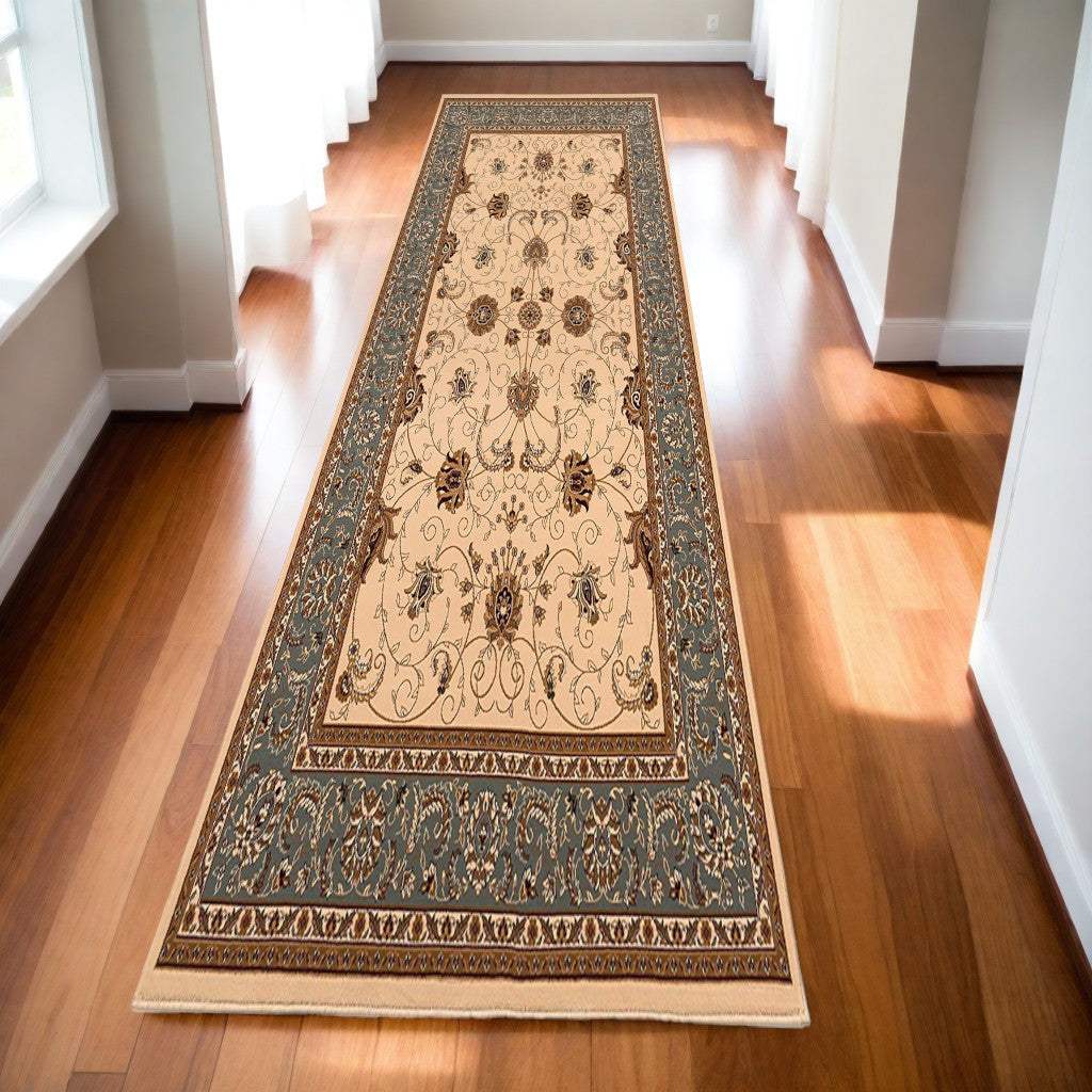 15' Runner Blue and Ivory Oriental Power Loom Runner Rug - Homeroots - Flyclothing LLC