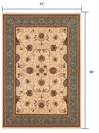 8' Runner Blue and Ivory Oriental Power Loom Runner Rug