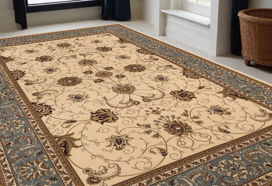 5' X 8' Blue and Ivory Oriental Power Loom Area Rug