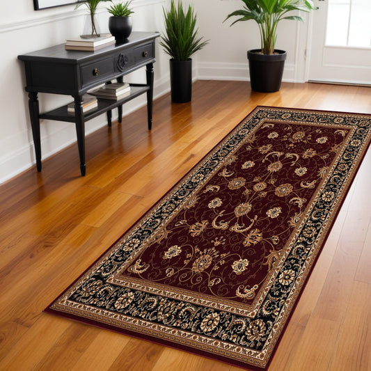 8' Runner Red and Black Oriental Power Loom Runner Rug