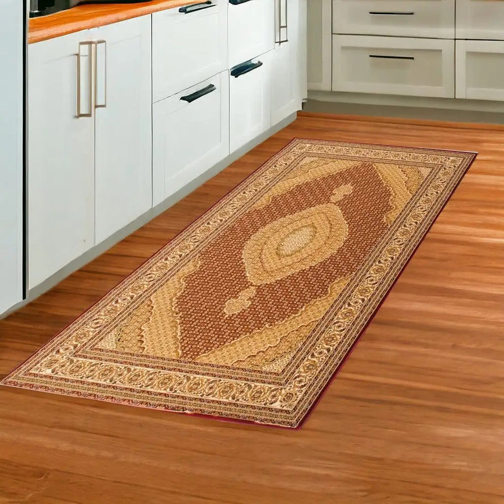 8' Runner Red and Beige Oriental Power Loom Runner Rug - Homeroots