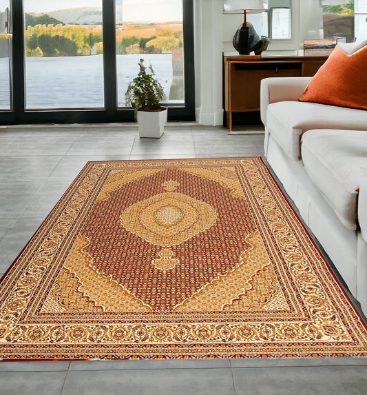 5' X 8' Red and Beige Oriental Power Loom Area Rug