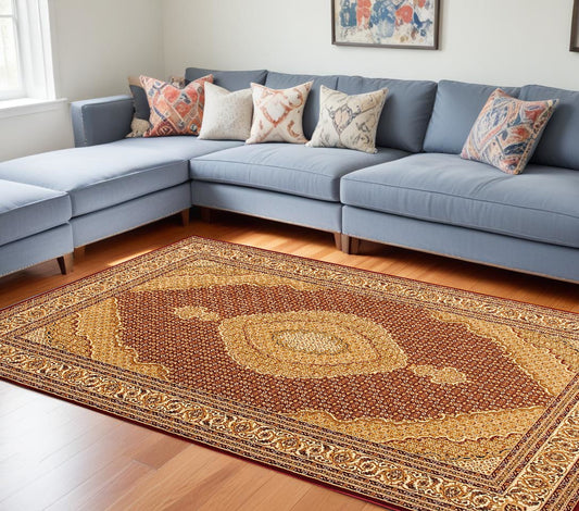 7' X 9' Red and Beige Oriental Power Loom Area Rug