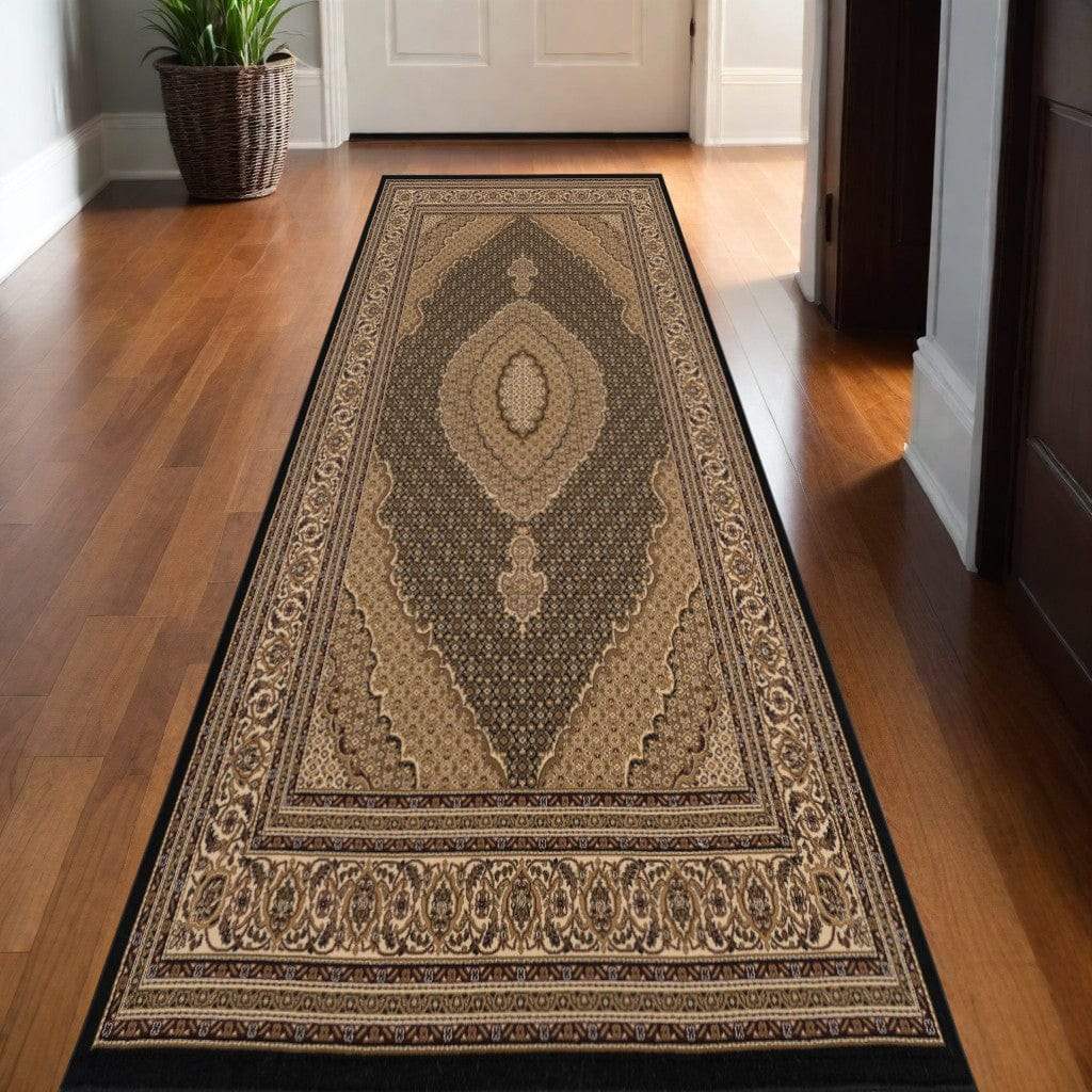 13' Runner Beige and Black Medallion Power Loom Runner Rug - Homeroots - Flyclothing LLC
