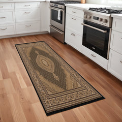 8' Runner Beige and Black Medallion Power Loom Runner Rug