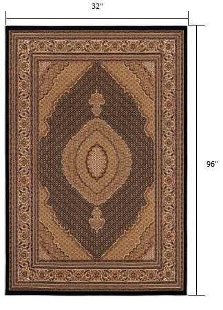 8' Runner Beige and Black Medallion Power Loom Runner Rug