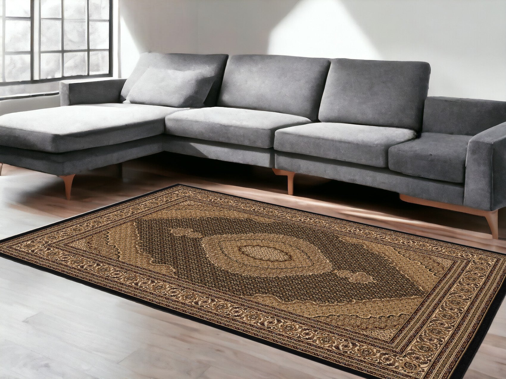 8' X 11' Beige and Black Medallion Power Loom Area Rug