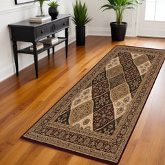 8' Runner Red and Beige Oriental Power Loom Runner Rug