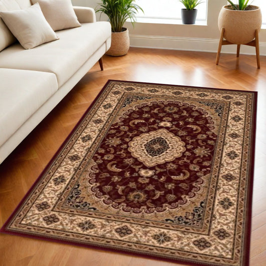 5' X 8' Red and Beige Floral Medallion Power Loom Area Rug