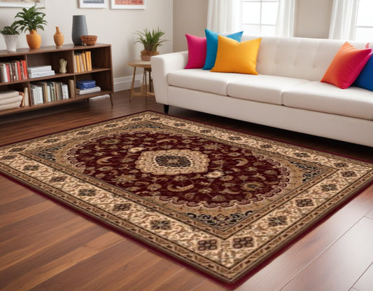 8' X 11' Red and Beige Floral Medallion Power Loom Area Rug