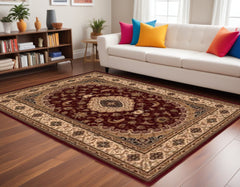 8' X 11' Red and Beige Floral Medallion Power Loom Area Rug