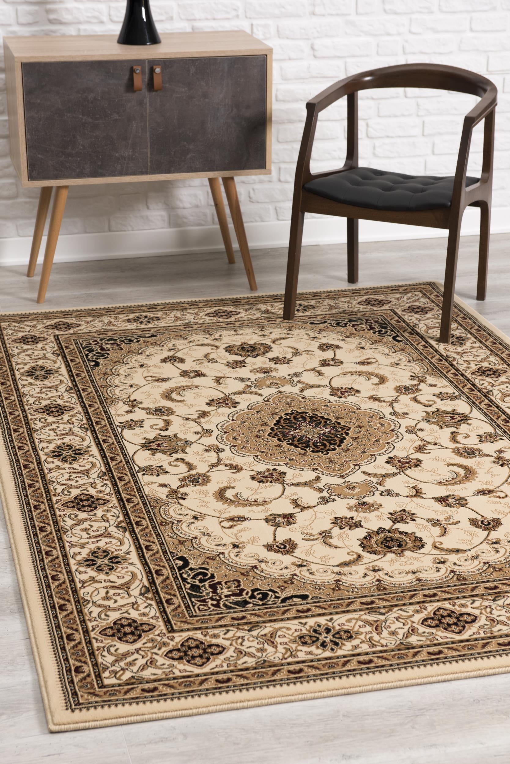 5' X 8' Beige and Black Floral Medallion Power Loom Area Rug