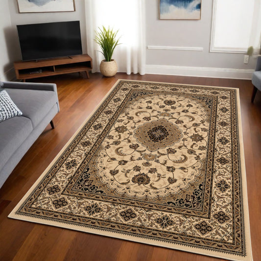 5' X 8' Beige and Black Floral Medallion Power Loom Area Rug